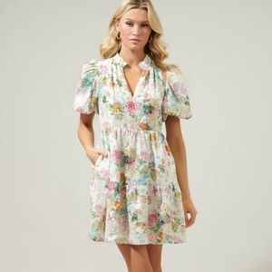 XS Sugarlips Jacey White & Pink Floral Babydoll Dress NWT Pockets